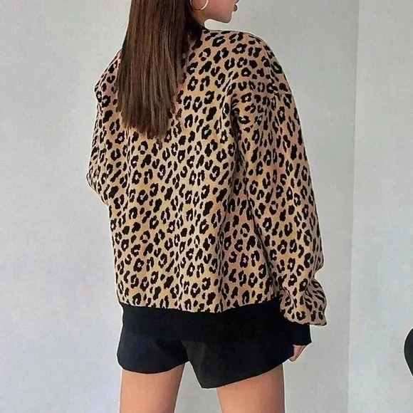 Brown Casual Women's Loose Fit Leopard Print Open Front Cardigan - Picture 4 of 6